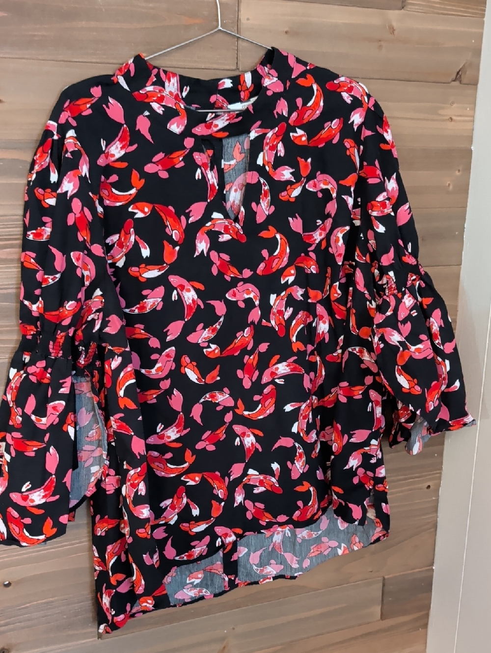 crown & ivy Black Koi-Print Blouse with Red and Pink Accents